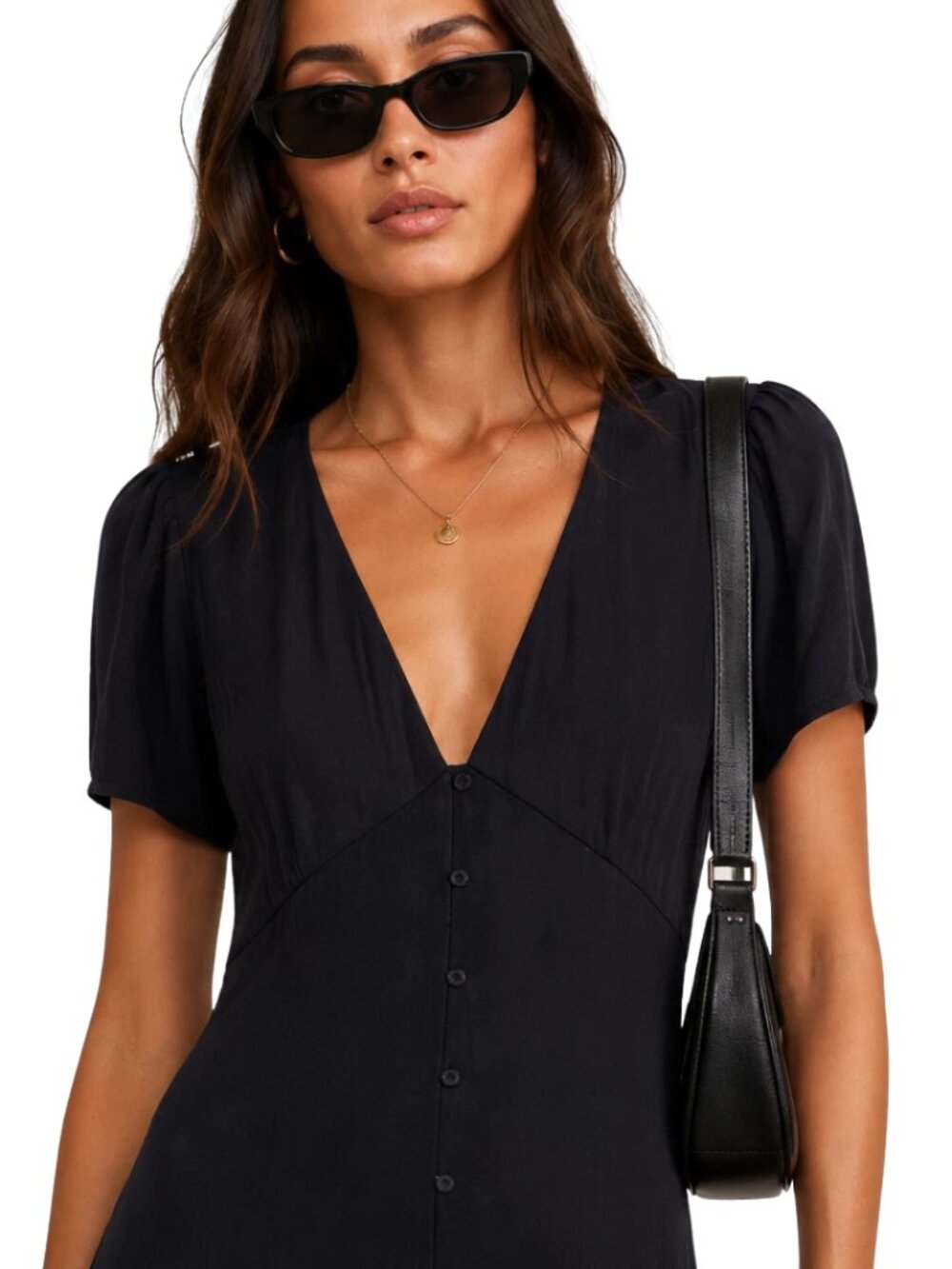 Monrow Revolve Crepe Button-Down Midi Dress Women's Small Black V-Neck Flowy NWT - Picture 2 of 13